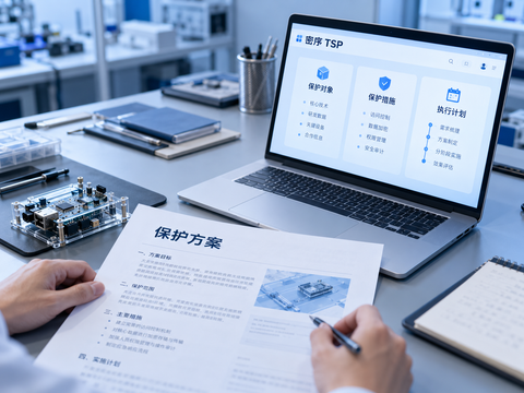 研发工作台上的密序 TSP 方案配置界面与纸质保护方案